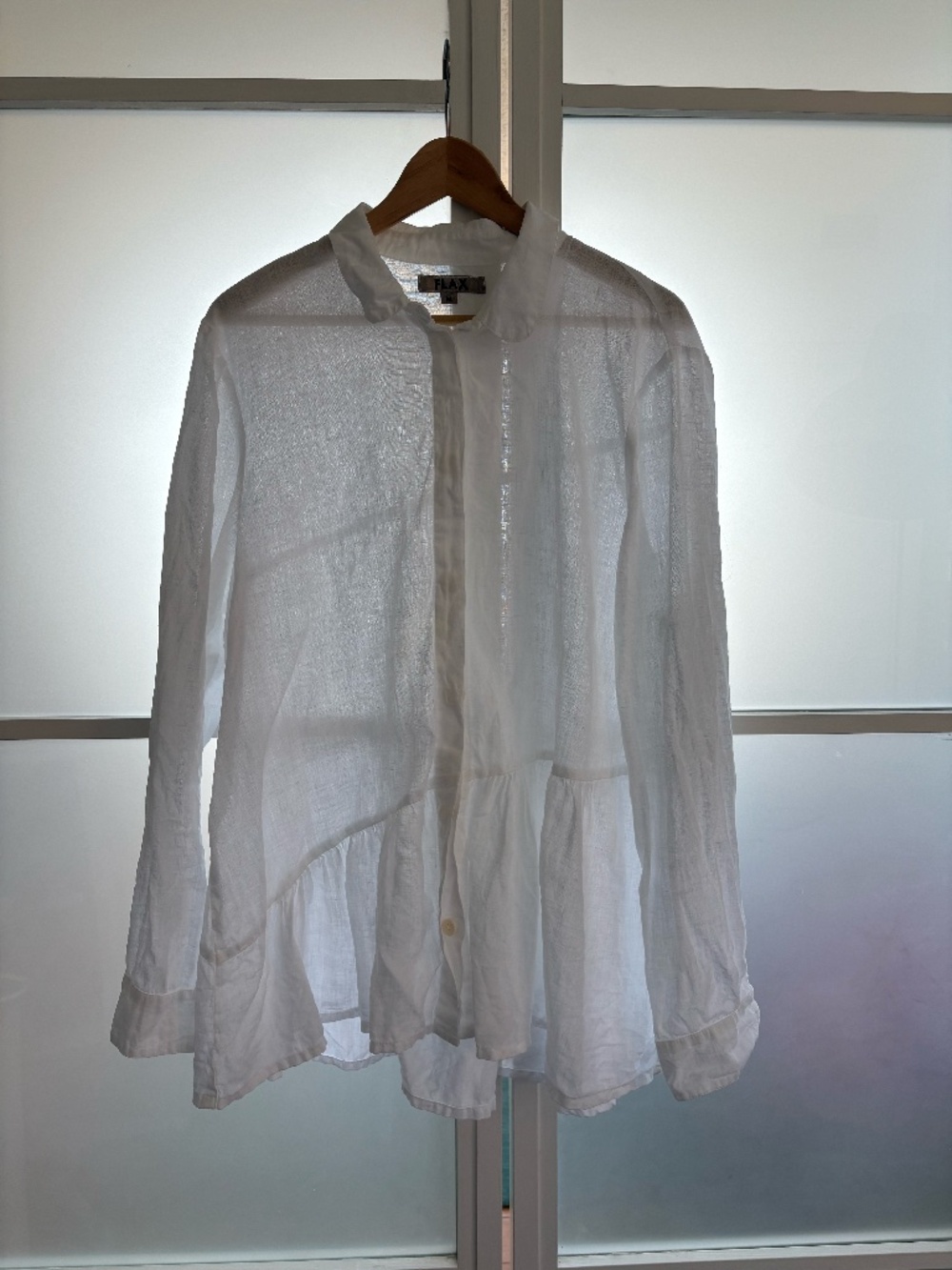 FLAX White Linen Button-down Blouse with Asymmetrical Ruffled Hem